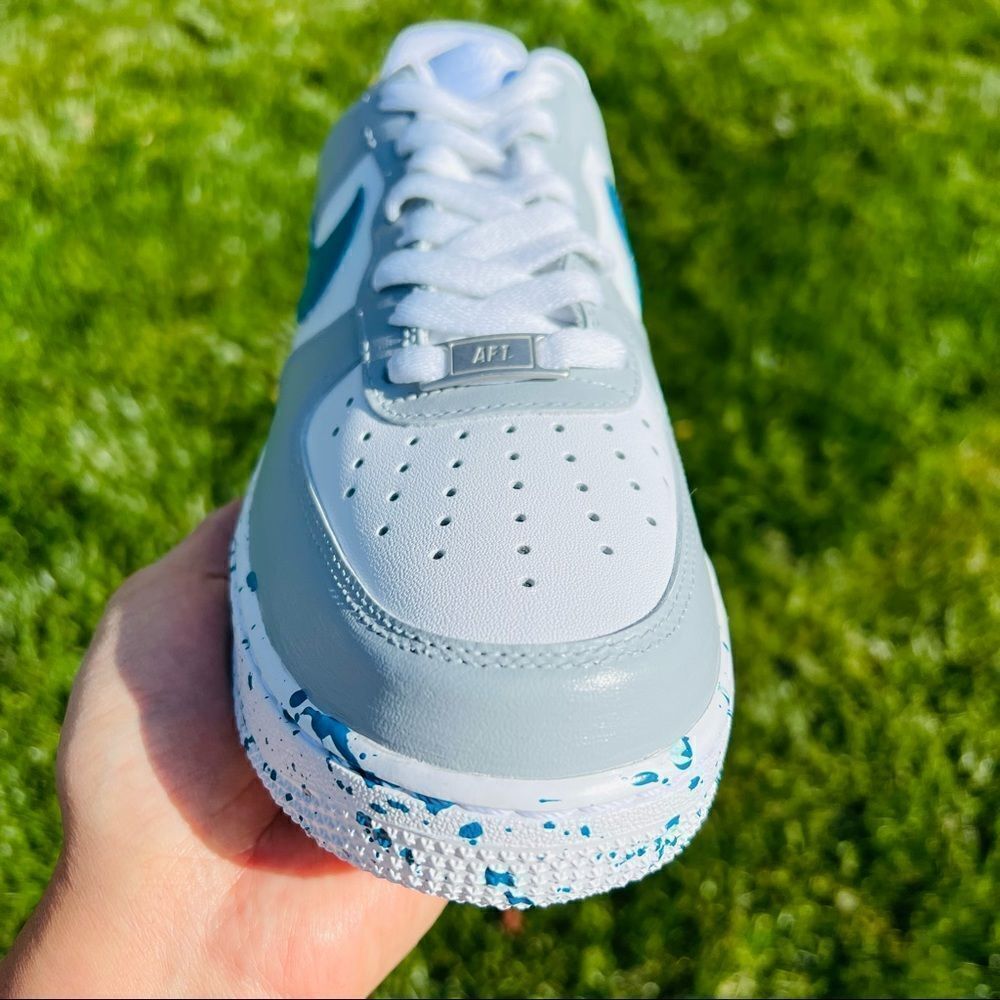 Nike Air Force 1 Womens Gray/Turquoise Colorblock Splatter Custom Sneakers - Picture 4 of 6